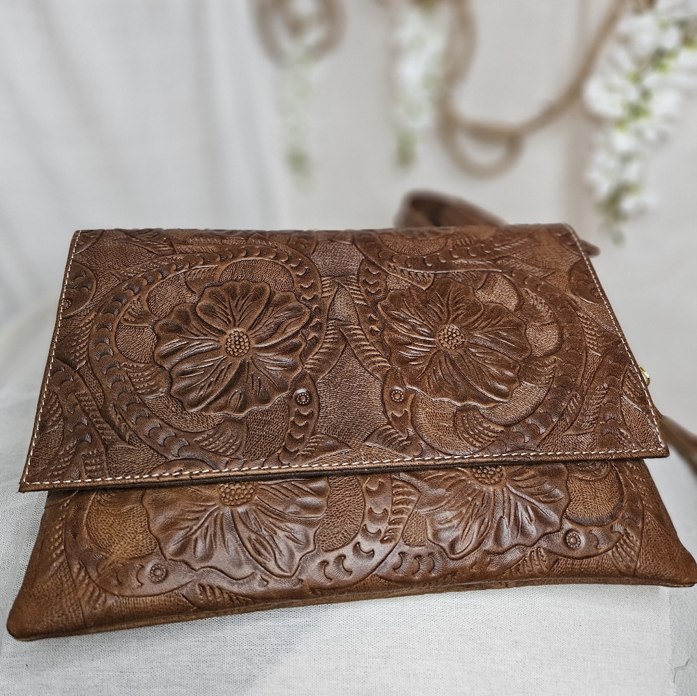 100% leather handmade crossbody bag with floral design